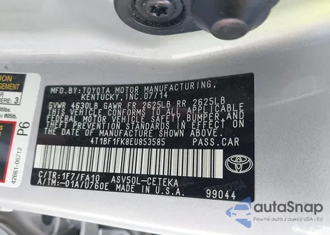 2014 Toyota Camry L z USA, uszkodzony, nr VIN 4T1BF1FK8EU853585